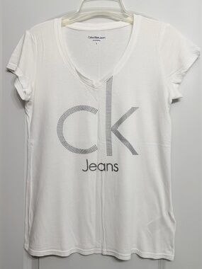 Calvin Klein Jeans White V-Neck Logo Tee
